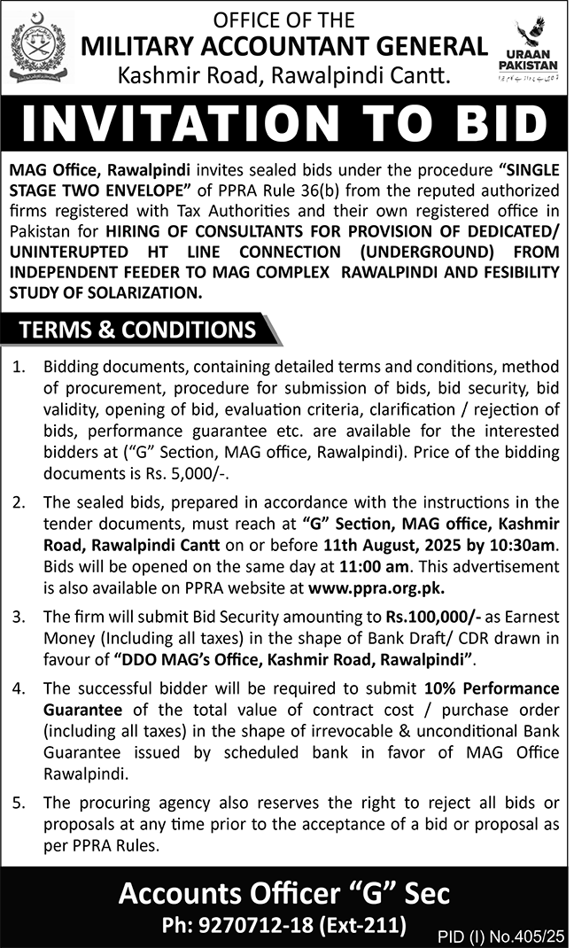 Military Accountant General Rawalpindi Tender Notice
